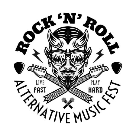 Illustration for Rock music festival vector emblem, label, badge or logo with devil in sunglasses that reflect flame and crossed broken guitar necks. Monochrome illustration in vintage style isolated on white - Royalty Free Image
