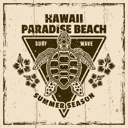 Ilustración de Hawaii paradise beach vector vintage emblema, etiqueta, insignia o logotipo con vista a la parte superior de la tortuga. Ilustración sobre fondo con texturas grunge ilustración - Imagen libre de derechos