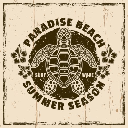 Téléchargez les illustrations : Paradise Beach emblème vintage, étiquette, badge ou logo avec vue sur le dessus de la tortue de mer. Illustration sur fond avec des textures grunge illustration vectorielle - en licence libre de droit