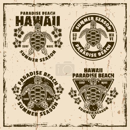 Illustration for Hawaii paradise beach set of vector emblems, labels, badges or logos. Illustration on background with grunge textures illustration - Royalty Free Image