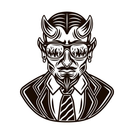 Illustration for Devil man in suit. Vector character illustration in vintage monochrome style isolated on white - Royalty Free Image
