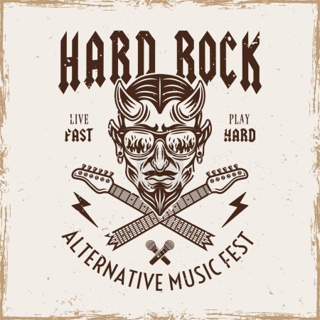 Illustration for Hard rock vector emblem with devil in sunglasses that reflect flame and crossed broken guitar necks. Illustration in vintage style on texture background - Royalty Free Image