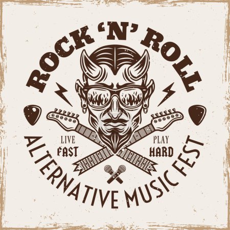 Illustration for Rock music festival vector emblem with devil in sunglasses that reflect flame and crossed broken guitar necks. Illustration in vintage style on texture background - Royalty Free Image