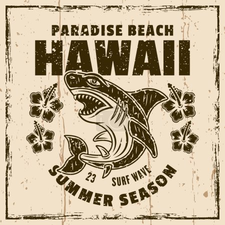Téléchargez les illustrations : Hawaï paradis plage vecteur vintage emblème, étiquette, insigne ou logo avec requin. Illustration sur fond avec textures - en licence libre de droit