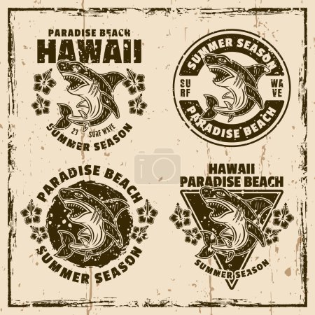 Téléchargez les illustrations : Hawaï paradis plage ensemble d'emblèmes vectoriels, étiquettes, badges ou logos. Illustration sur fond avec textures - en licence libre de droit