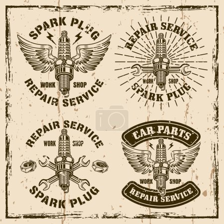 Illustration for Spark plug with wings, car repair service set of four vector emblems, logos, badges, labels, stickers in vintage style on grunge background - Royalty Free Image