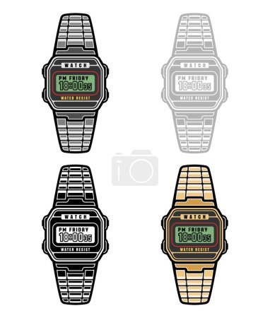 Ilustración de Juego electrónico de vectores de relojes de pulsera de objetos en cuatro estilos aislados en blanco - Imagen libre de derechos