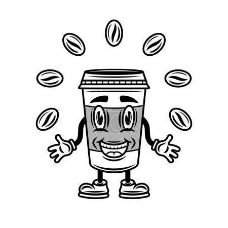 Téléchargez les illustrations : Café souriant tasse en papier personnage de bande dessinée avec des mains et des jambes illustration vectorielle dans le style monochrome vintage isolé sur blanc - en licence libre de droit