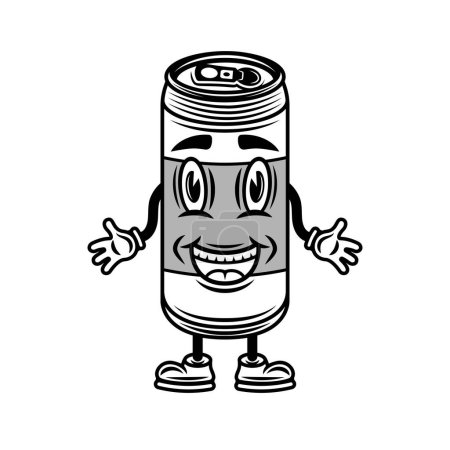 Téléchargez les illustrations : Soda ou bière boisson peut sourire personnage de bande dessinée avec des mains et des jambes illustration vectorielle dans le style monochrome vintage isolé sur blanc - en licence libre de droit