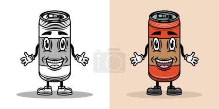 Illustration for Soda or beer drink can smiling cartoon character with hands and legs. Vector illustration in two styles black on white and colored - Royalty Free Image