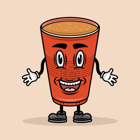 Téléchargez les illustrations : Bière tasse en plastique rouge sourire personnage de bande dessinée avec des mains et des jambes illustration vectorielle dans un style coloré sur fond clair - en licence libre de droit