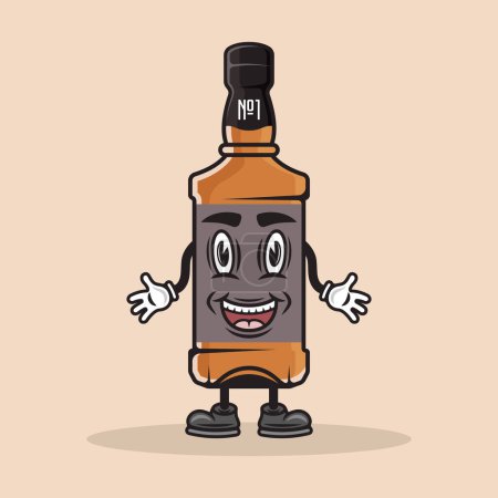 Illustration for Whiskey bottle smiling cartoon character with hands and legs vector illustration in colored style on light background - Royalty Free Image