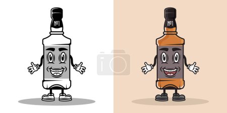 Téléchargez les illustrations : Whisky bouteille sourire personnage de bande dessinée avec les mains et les jambes. Illustration vectorielle en deux styles noir sur blanc et coloré - en licence libre de droit