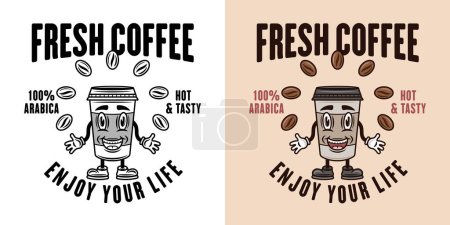 Ilustración de Café sonriente taza de papel emblema vectorial, insignia, etiqueta o logotipo. Dos estilos monocromo y colorido con texturas extraíbles - Imagen libre de derechos
