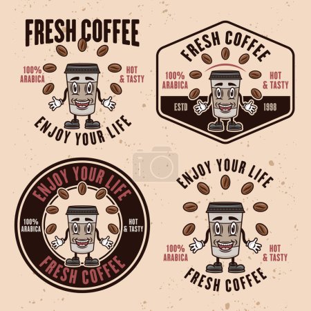 Illustration for Coffee shop set of vector colored emblems, badges, labels or logos with smiling paper cup on light textured background - Royalty Free Image