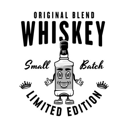 Illustration for Whiskey smiling bottle vector monochrome emblem, badge, label or logo isolated on white - Royalty Free Image