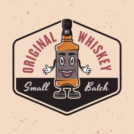 Téléchargez les illustrations : Whisky bouteille souriante vecteur de couleur emblème, insigne, étiquette ou logo sur fond texturé clair - en licence libre de droit