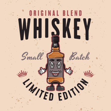 Illustration for Whiskey smiling bottle vector colored emblem, badge, label or logo on light textured background - Royalty Free Image