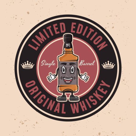 Illustration for Whiskey bottle cartoon mascot vector round colored emblem, badge, label or logo on light textured background - Royalty Free Image