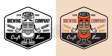 Illustration for Beer can smiling character vector emblem, badge, label or logo. Two styles monochrome and colorful with removable textures - Royalty Free Image