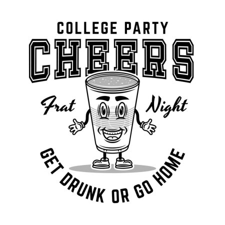 Illustration for Fraternity collage party vector monochrome emblem, badge, label or logo with plastic cup of beer cartoon smiling character illustration on white - Royalty Free Image