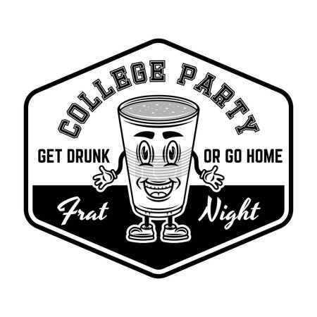 Illustration for Collage party vector monochrome emblem, badge, label or logo with plastic cup of beer cartoon smiling character illustration on white - Royalty Free Image