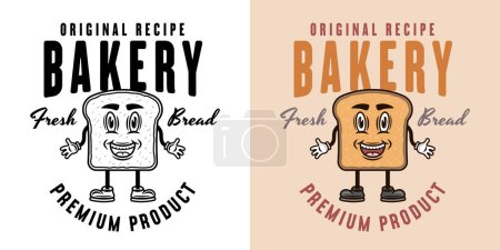 Illustration for Bread slice cartoon character with hands and legs vector emblem, badge, label or logo. Two styles monochrome and colored - Royalty Free Image