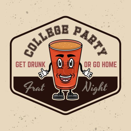 Illustration for Collage party vector emblem, badge, label or logo with plastic cup of beer cartoon smiling character illustration on light background - Royalty Free Image
