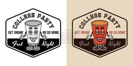 Illustration for Collage party vector emblem, badge, label or logo with plastic cup of beer cartoon smiling character. Two styles monochrome and colored with textures - Royalty Free Image