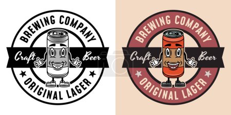 Illustration for Brewery company vector round emblem, badge, label or logo with beer can smiling character. Two styles monochrome and colorful with removable textures - Royalty Free Image