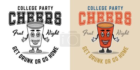 Illustration for Fraternity collage party vector emblem, badge, label or logo with plastic cup of beer cartoon smiling character. Two styles monochrome and colored - Royalty Free Image