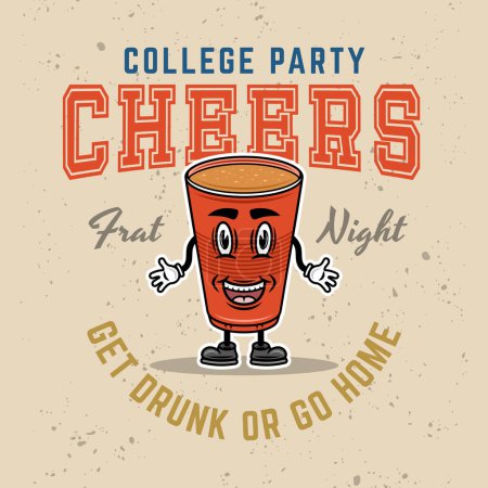 Illustration for Fraternity collage party vector emblem, badge, label or logo with plastic cup of beer cartoon smiling character illustration on light background - Royalty Free Image