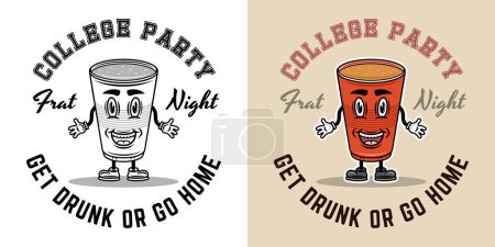 Illustration for Fraternity collage party vector emblem, badge, label or logo with plastic cup of beer cartoon smiling character. Two styles monochrome and colored with textures - Royalty Free Image