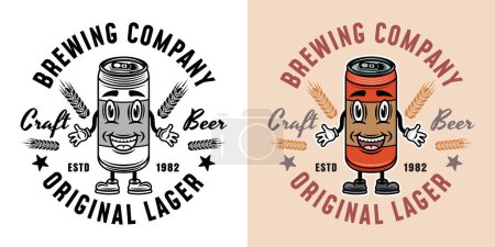 Illustration for Beer can smiling character vector emblem, badge, label or logo. Two styles monochrome and colorful with removable textures - Royalty Free Image