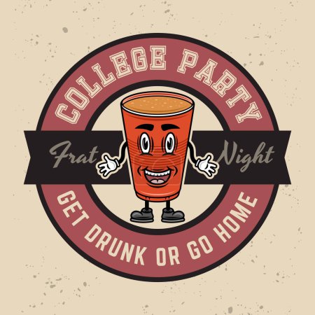 Illustration for Collage party vector round emblem, badge, label or logo with plastic cup of beer cartoon smiling character illustration on light background - Royalty Free Image