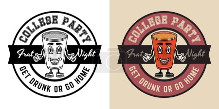 Illustration for Collage party vector round emblem, badge, label or logo with plastic cup of beer cartoon smiling character. Two styles monochrome and colorful - Royalty Free Image