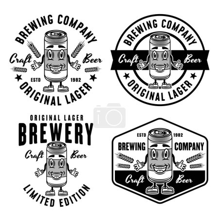 Illustration for Brewery company set of vector monochrome emblems, badges, labels or logos with beer can smiling character isolated on white - Royalty Free Image