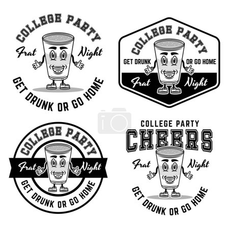 Illustration for Collage party set of vector monochrome emblems, badges, labels or logos with plastic cup of beer cartoon character on white - Royalty Free Image