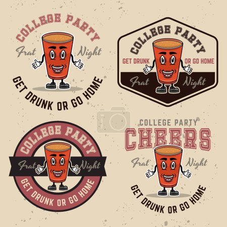 Illustration for Collage party set of vector emblems, badges, labels or logos with plastic cup of beer cartoon character on light background - Royalty Free Image