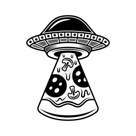 Illustration for Ufo stealing pizza slice vector monochrome illustration in vintage style on white background. Vector illustration - Royalty Free Image