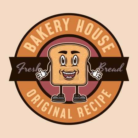Ilustración de Bread Slice personaje de dibujos animados con las manos y las piernas emblema de color vectorial, insignia, etiqueta o logotipo para panadería casa sobre fondo claro - Imagen libre de derechos