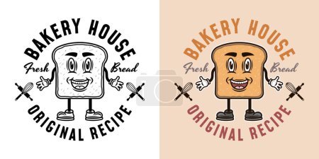 Ilustración de Panadería emblema del vector de la casa, insignia, etiqueta o logotipo con el personaje de dibujos animados rebanada de pan. Dos estilos monocromo y de color - Imagen libre de derechos