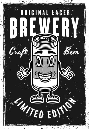 Illustration for Beer can vintage black poster template cartoon mascot smiling character vector illustration. Layered, separate texture and text - Royalty Free Image