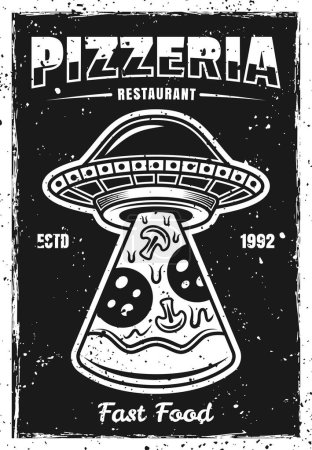 Téléchargez les illustrations : Modèle d'affiche noire vintage Pizzeria avec illustration vectorielle de tranche de pizza volée ufo. Calque, texture et texte séparés - en licence libre de droit