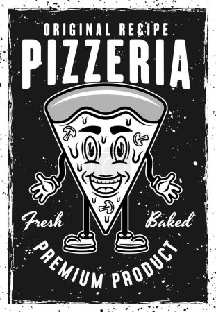 Téléchargez les illustrations : Modèle d'affiche noir vintage Pizzeria avec illustration vectorielle de personnage souriant pièce de pizza. Calque, texture et texte séparés - en licence libre de droit