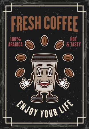 Illustration for Cafe vintage colored poster with coffee cup cartoon smiling character. Vector illustration with textures and text on separate layers - Royalty Free Image
