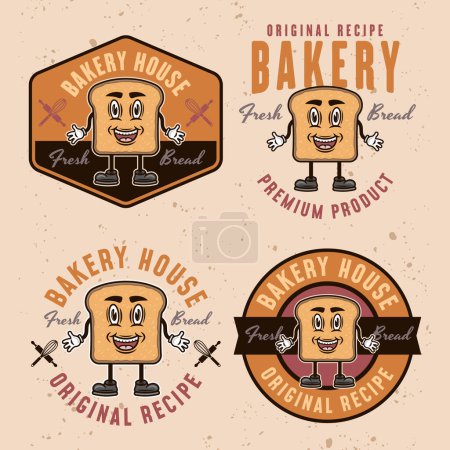 Illustration for Bakery house set of vector colored emblems, badges, labels or logos with bread slice cartoon character on light background - Royalty Free Image