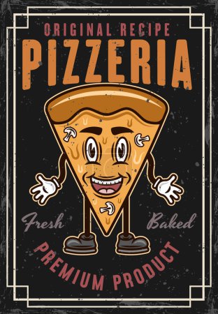 Téléchargez les illustrations : Pizzeria affiche colorée vintage avec pièce de pizza personnage souriant de dessin animé. Illustration vectorielle avec textures et texte sur calques séparés - en licence libre de droit