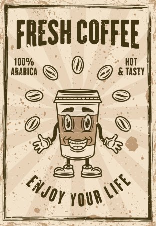 Illustration for Cafe vintage poster with coffee paper cup cartoon smiling character vector illustration. Layered, separate texture and text - Royalty Free Image