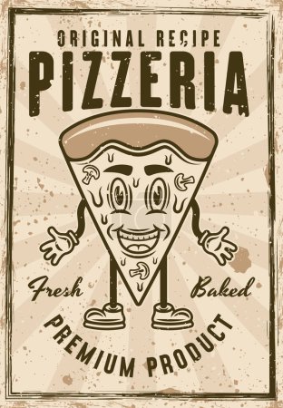 Téléchargez les illustrations : Pizzeria affiche vintage avec pièce de pizza illustration vectorielle de personnage souriant. Calque, texture et texte séparés - en licence libre de droit